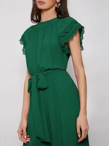 SHEIN 蝴蝶袖自腰帶寬管褲連身長褲 - 墨綠色 - 查看 6