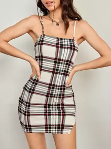 SHEIN Essnce Split Hem Tartan Bodycon Dress - Multicolor - View 1