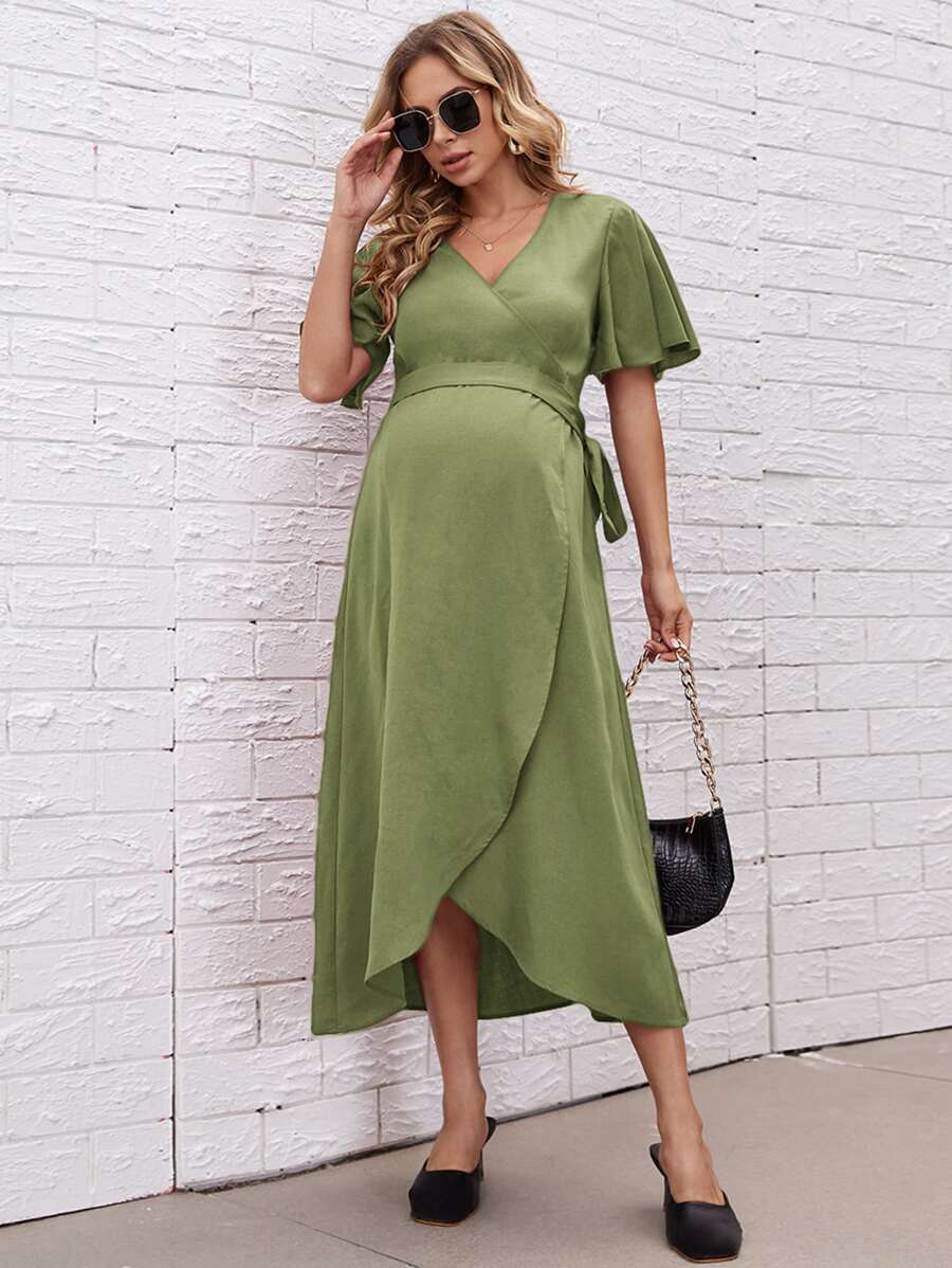 SHEIN Maternity Flutter Sleeve Belted Wrap Dress - Olive Green - View 1