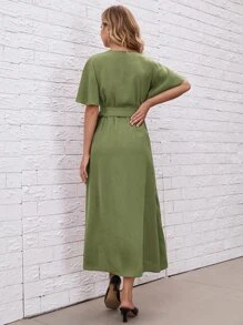 SHEIN Maternity Flutter Sleeve Belted Wrap Dress - Olive Green - View 2