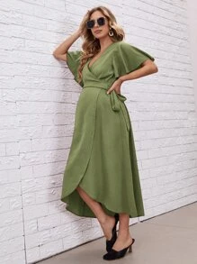 SHEIN Maternity Flutter Sleeve Belted Wrap Dress - Olive Green - View 4