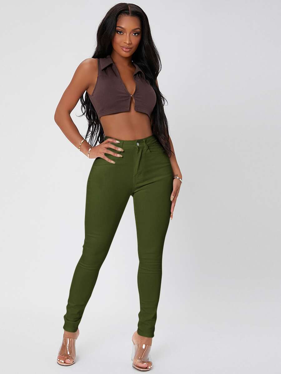 SHEIN SXY 高腰緊身牛仔褲 - 軍綠色 - 查看 1