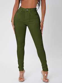 SHEIN SXY 高腰緊身牛仔褲 - 軍綠色 - 查看 3