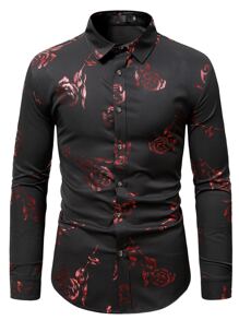 Manfinity Men Random Rose Jacquard Button Up Shirt - Black - View 1