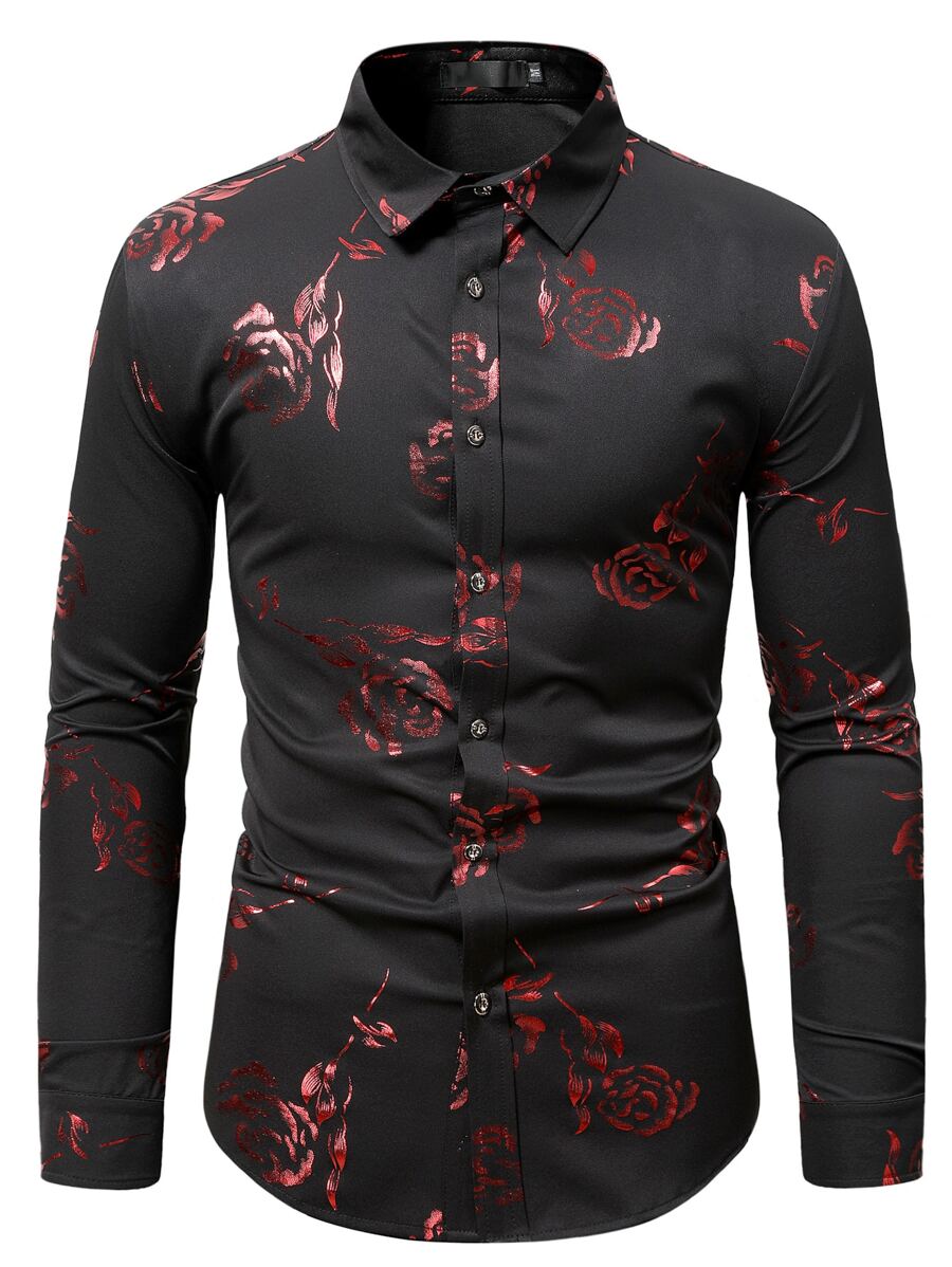 Manfinity Men Random Rose Jacquard Button Up Shirt - Black - View 1