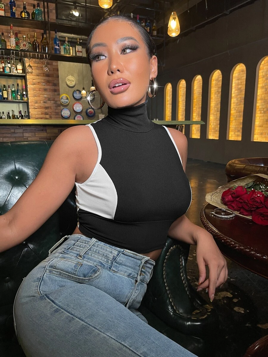 SHEIN Two Tone High Neck Crop Tank Top - Black and White - View 1