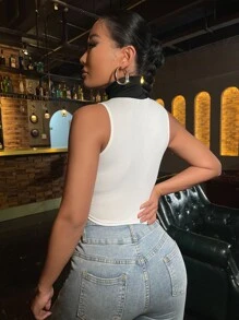 SHEIN Two Tone High Neck Crop Tank Top - Black and White - View 2