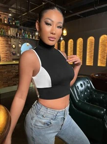 SHEIN Two Tone High Neck Crop Tank Top - Black and White - View 3