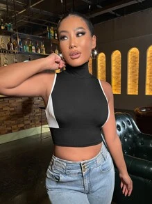 SHEIN Two Tone High Neck Crop Tank Top - Black and White - View 5