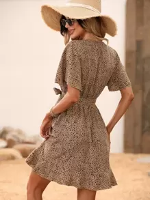 Breezaya Dalmatian Print Butterfly Sleeve Ruffle Trim Wrap Hem Belted Dress Vacation Beach Outfits Women