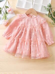 Bebé Vestido con bordado floral de malla de manga con volante ribete con fruncido - Rosa coral - Ver 1