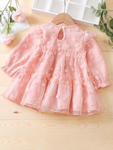 Bebé Vestido con bordado floral de malla de manga con volante ribete con fruncido - Rosa coral - Ver 2