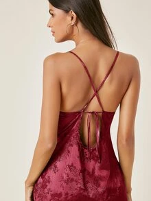 SHEIN BAE Đầm Lộ Lưng Hội Chữ thập Chia Buộc lại Hoa Gợi cảm - Màu Đỏ Sâu - Xem 5