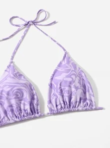 SHEIN Swim Curve 夏季海灘大碼流體領口三角比基尼套裝，配有束繩海灘裙 - 紫羅蘭色 - 查看 4