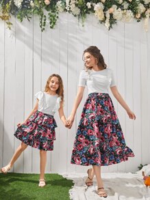 Mulvari 素色木耳邊T恤和滿版印花荷葉邊裙子套裝 - 彩色 - 查看 2