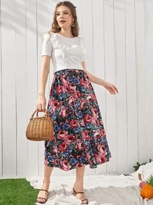 Mulvari 素色木耳邊T恤和滿版印花荷葉邊裙子套裝 - 彩色 - 查看 4