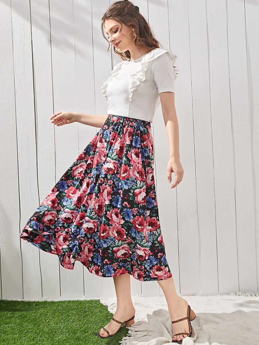 Mulvari 素色木耳邊T恤和滿版印花荷葉邊裙子套裝 - 彩色 - 查看 1