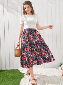 Mulvari 素色木耳邊T恤和滿版印花荷葉邊裙子套裝 - 彩色 - 查看 6