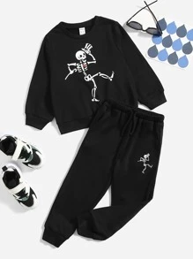 SHEIN 小男童骷髅圖案套頭衫和運動褲 - 黑色 - 查看 1