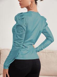 Solid Gigot Sleeve Glitter Tee - Blue - View 2