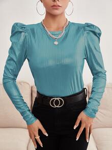Solid Gigot Sleeve Glitter Tee - Blue - View 3