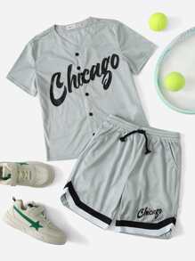 SHEIN Boys Letter Graphic Button Placket Shirt & Shorts Set - Grey - View 1