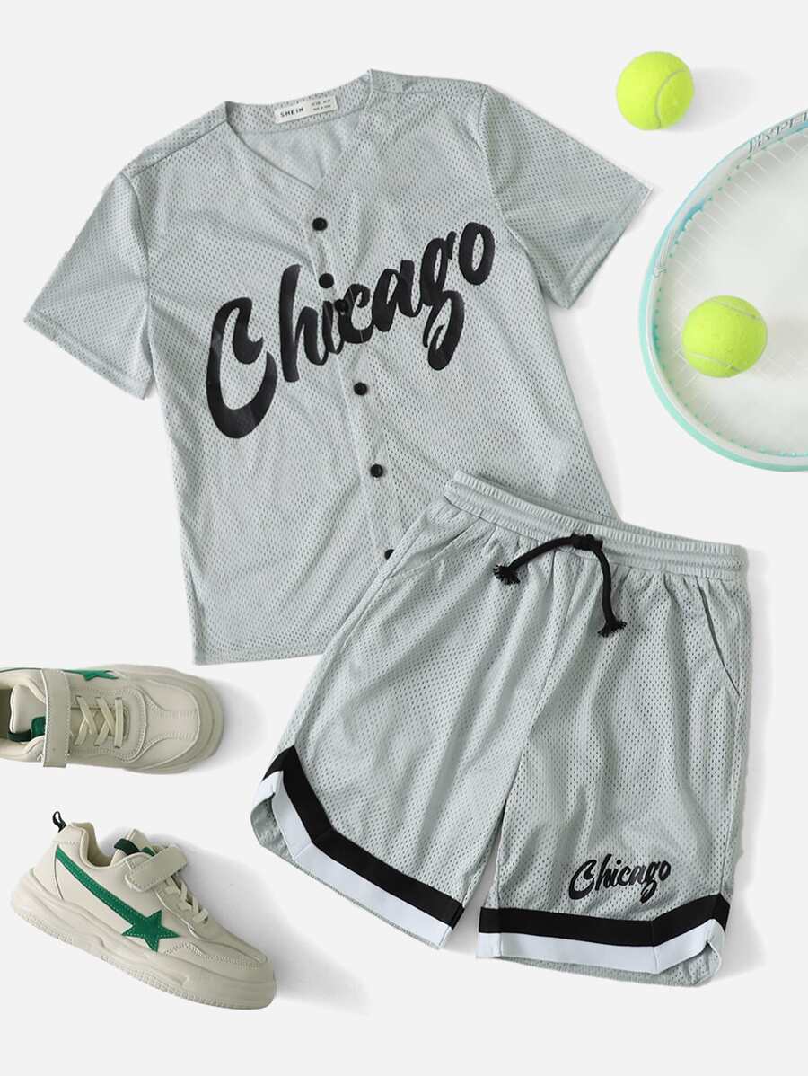SHEIN Boys Letter Graphic Button Placket Shirt & Shorts Set - Grey - View 1