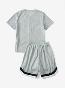 SHEIN Boys Letter Graphic Button Placket Shirt & Shorts Set - Grey - View 2