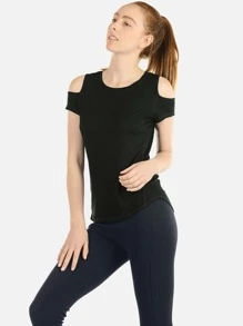 icyzone High Stretch Solid Cold Shoulder Sports Tee - Black - View 1