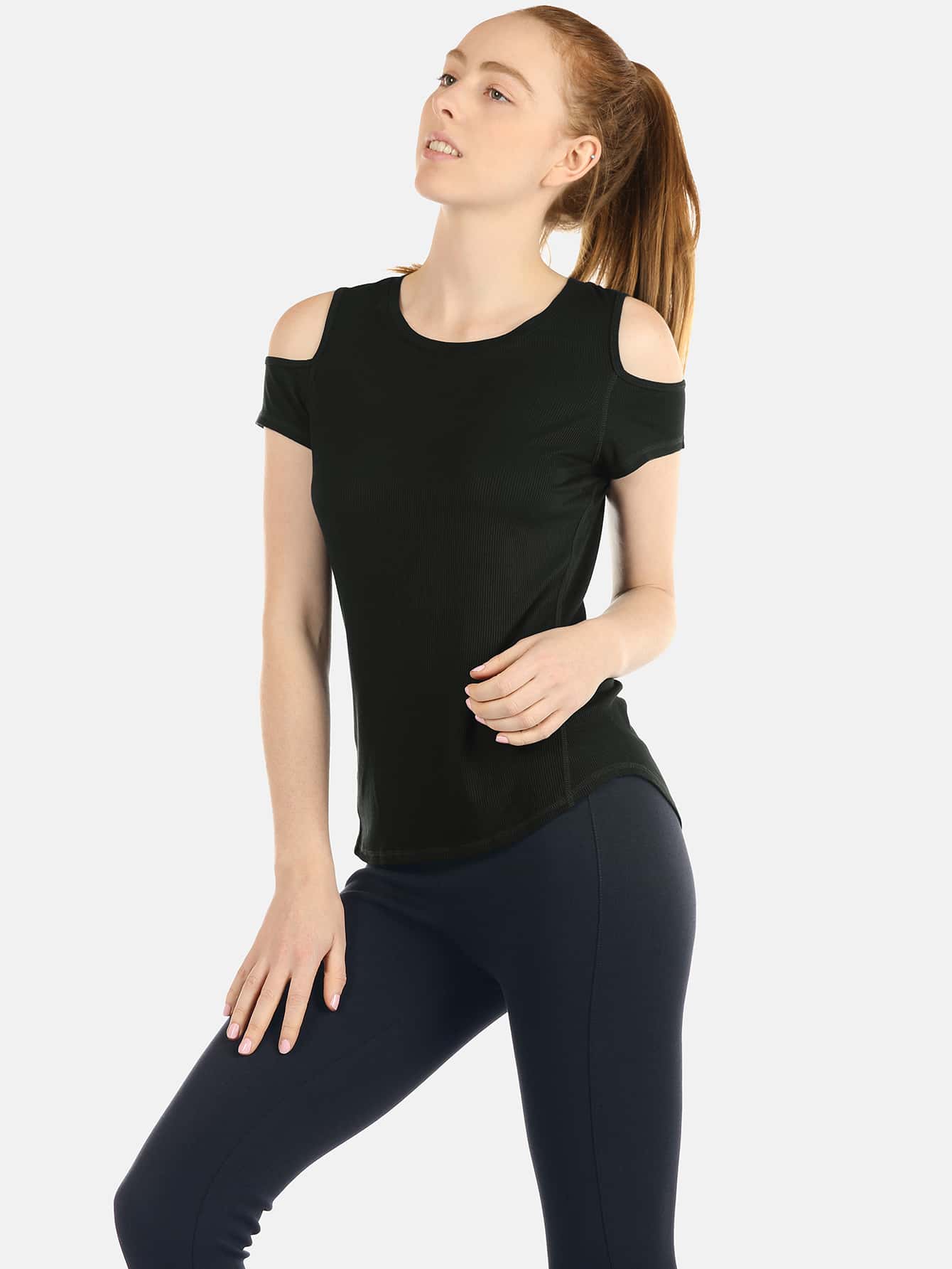 icyzone High Stretch Solid Cold Shoulder Sports Tee - Black - View 1