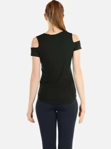 icyzone High Stretch Solid Cold Shoulder Sports Tee - Black - View 2