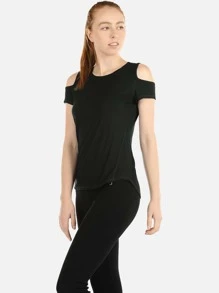 icyzone High Stretch Solid Cold Shoulder Sports Tee - Black - View 4