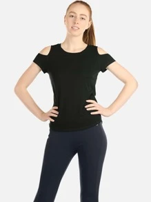 icyzone High Stretch Solid Cold Shoulder Sports Tee - Black - View 5