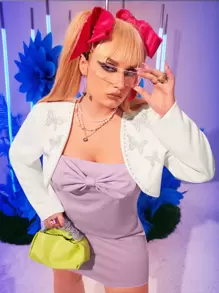 SHEIN ICON Plus Glitter Butterfly Crop Jacket - White - View 1