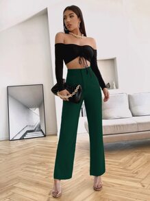 SHEIN Essnce Solid High Rise Tailored Trousers - Dark Green - View 3