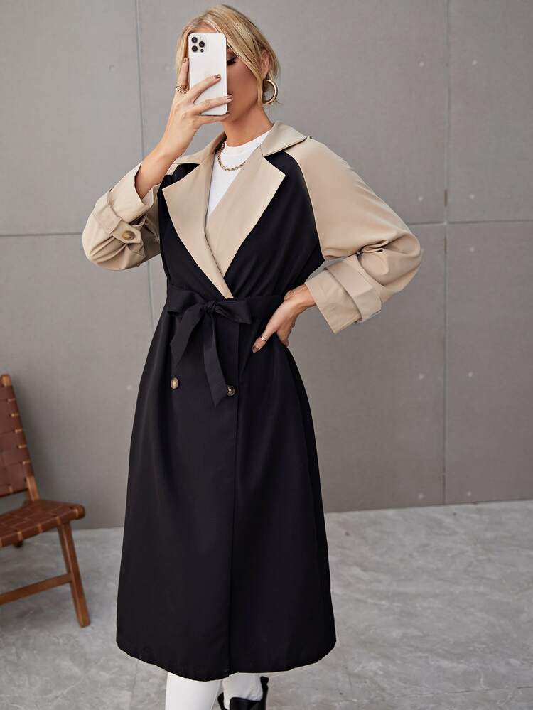 Gabardina de dos tonos de manga raglán con botones - Negro - Añade 3