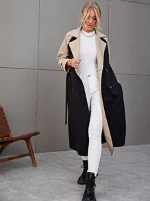 雙色插肩袖雙排釦風衣外套 - 黑色 - 查看 4