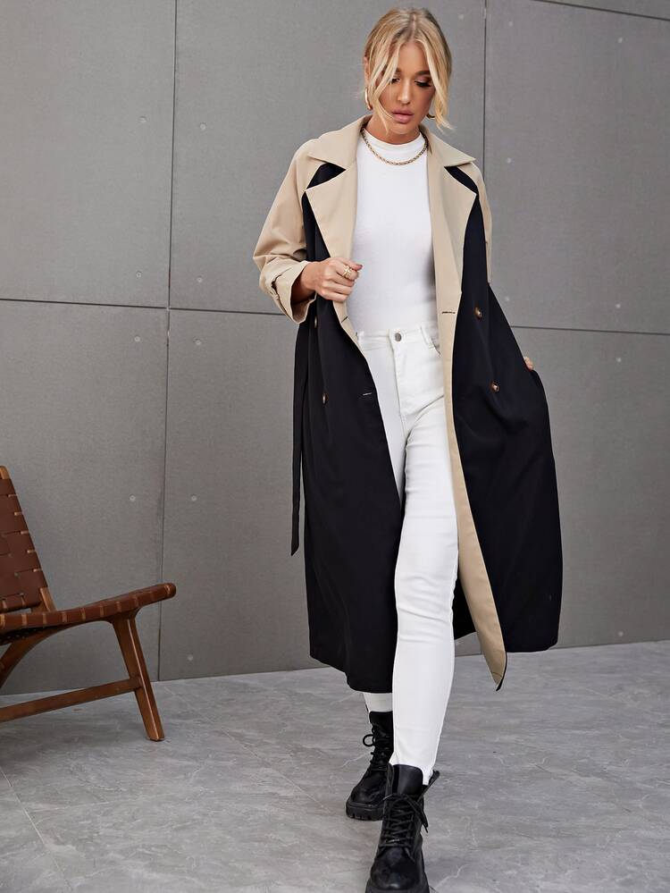 Gabardina de dos tonos de manga raglán con botones - Negro - Añade 4