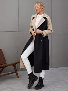 雙色插肩袖雙排釦風衣外套 - 黑色 - 查看 5