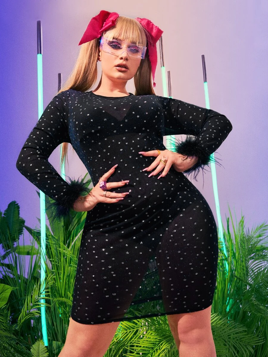 SHEIN ICON Plus Allover Star Print Fuzzy Trim Sheer Bodycon Dress - Black - View 1