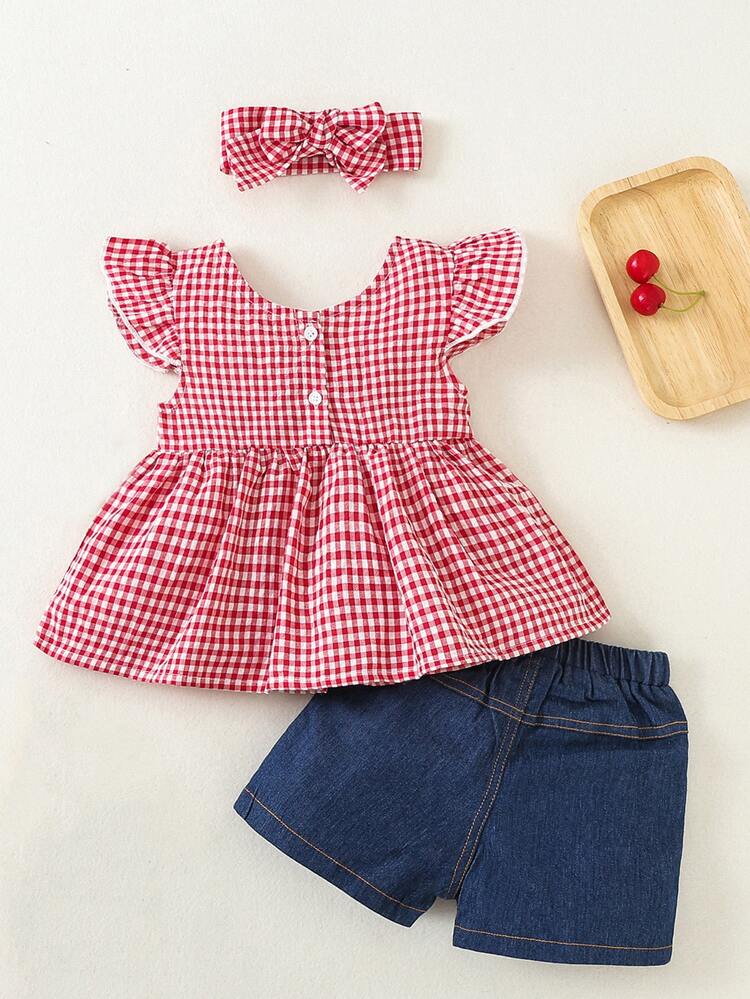 Bow Botão Bolso Plissado Guingão Fofo Conjuntos de bebê - Multicolorido - Visão 2