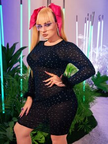 SHEIN ICON Plus Allover Star Print Fuzzy Trim Sheer Bodycon Dress - Black - View 7