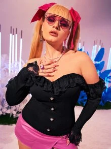 SHEIN ICON Plus Off Shoulder Lace Ruffle Trim Top - Black - View 2