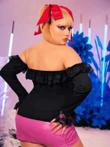 SHEIN ICON Plus Off Shoulder Lace Ruffle Trim Top - Black - View 4