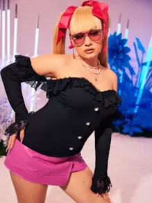 SHEIN ICON Plus Off Shoulder Lace Ruffle Trim Top - Black - View 1