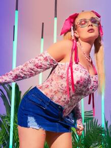 SHEIN Plus Cold Shoulder Floral Lace Bodysuit - Multicolor - View 2