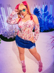 SHEIN Plus Cold Shoulder Floral Lace Bodysuit - Multicolor - View 3