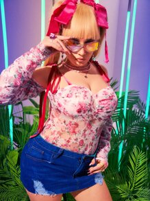 SHEIN Plus Cold Shoulder Floral Lace Bodysuit - Multicolor - View 5