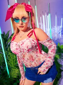 SHEIN Plus Cold Shoulder Floral Lace Bodysuit - Multicolor - View 6