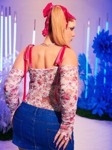 SHEIN Plus Cold Shoulder Floral Lace Bodysuit - Multicolor - View 7